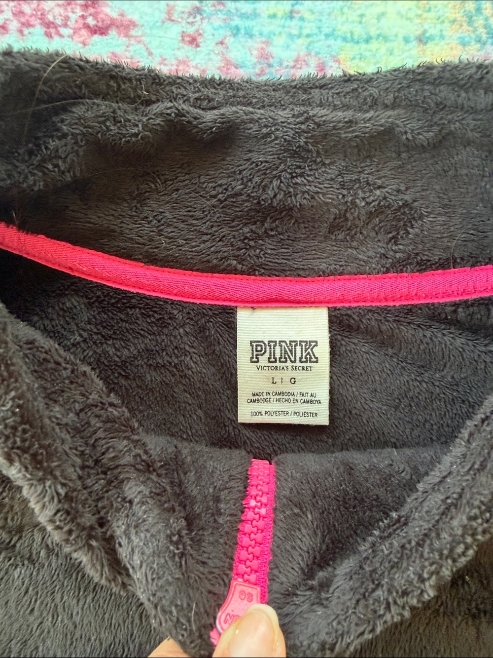 PINK Victoria's Secret Black Fleece Jacket with Pink Accents - Picture 5 of 8